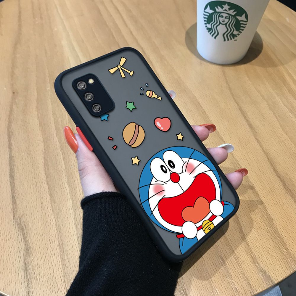 UCUC for Samsung Galaxy A02S M02S Back Cover Laugh Doraemon Frosted Transparent Hard Phone Case Thin Shockproof Full Cover Camera Protect Case