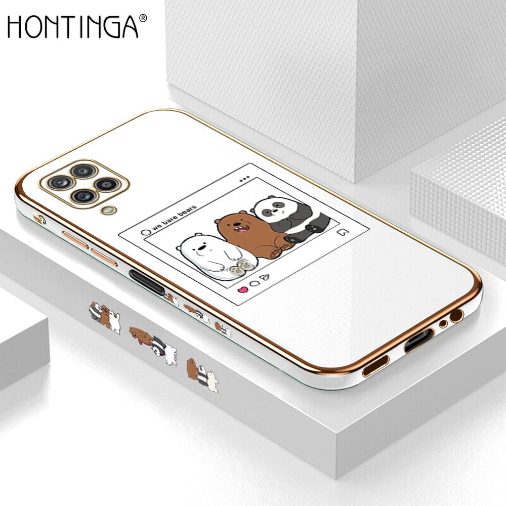 Hontinga for Samsung M12 A12 4G/5G Back Cover + Free Lanyard Luxury 6D Plating Photo three bears Side Pattern Case Soft Silicone Square Mobile Cover