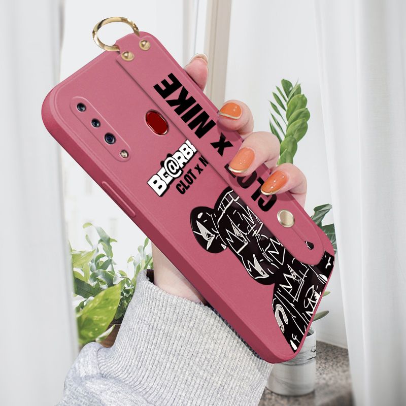 Jizetin for Samsung Galaxy A20S Wrist Strap Case Creative Cartoon Black Stitching Bear Cover Ultra Thin Anti Fall Liquid Silicone Phone Case
