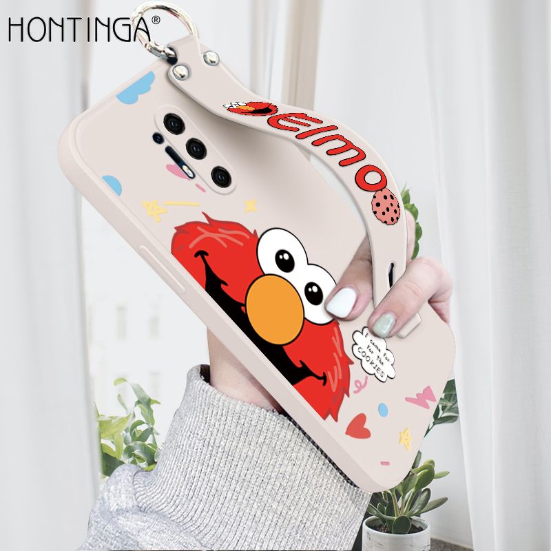 Hontinga for OnePlus 8 Pro Wrist Strap Case Cute Cute Cartoon Little Monster Phone Cover Square Edge Liquid Silicone Case Full Cover Camera Shockproof Protective Cases