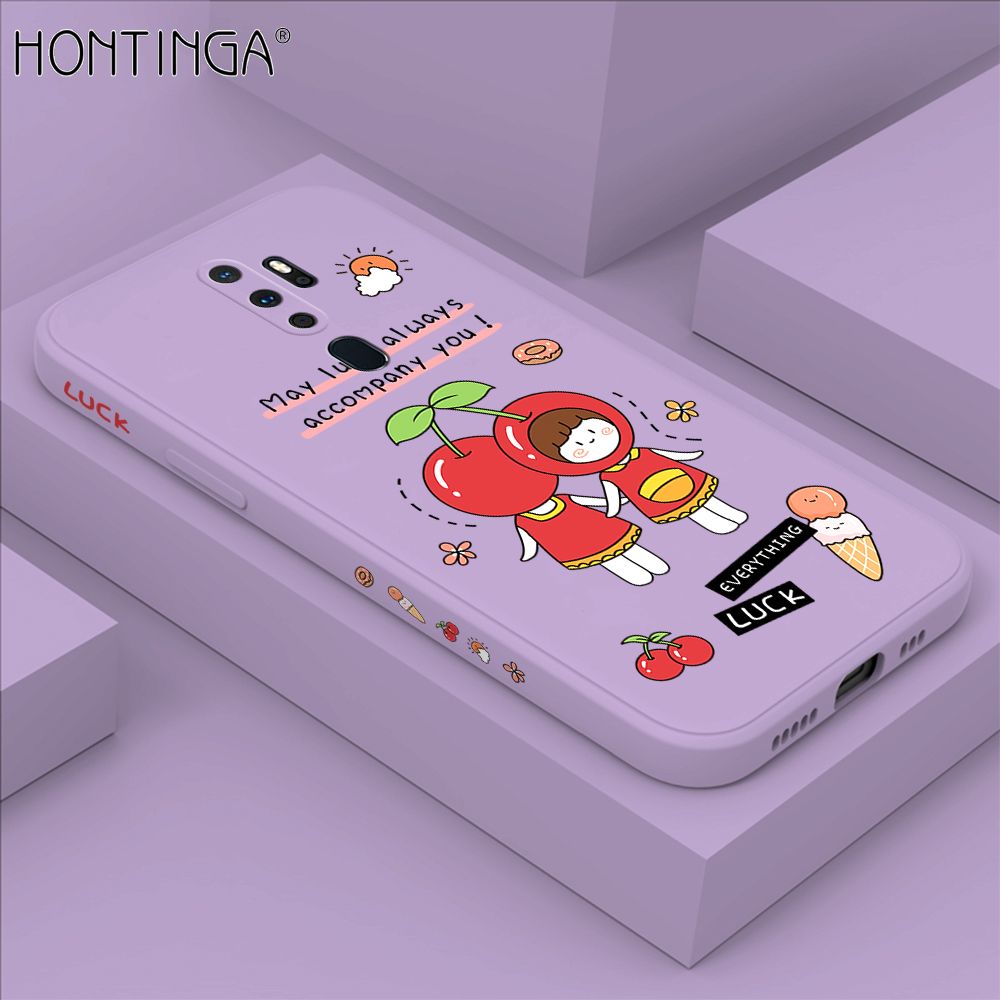 Hontinga for OPPO A5 2020 / A9 2020 Case Side Design Cute Cherry Girl Back Cover Soft Square Edge Pattern Liquid Silicone Trend Phone Cases