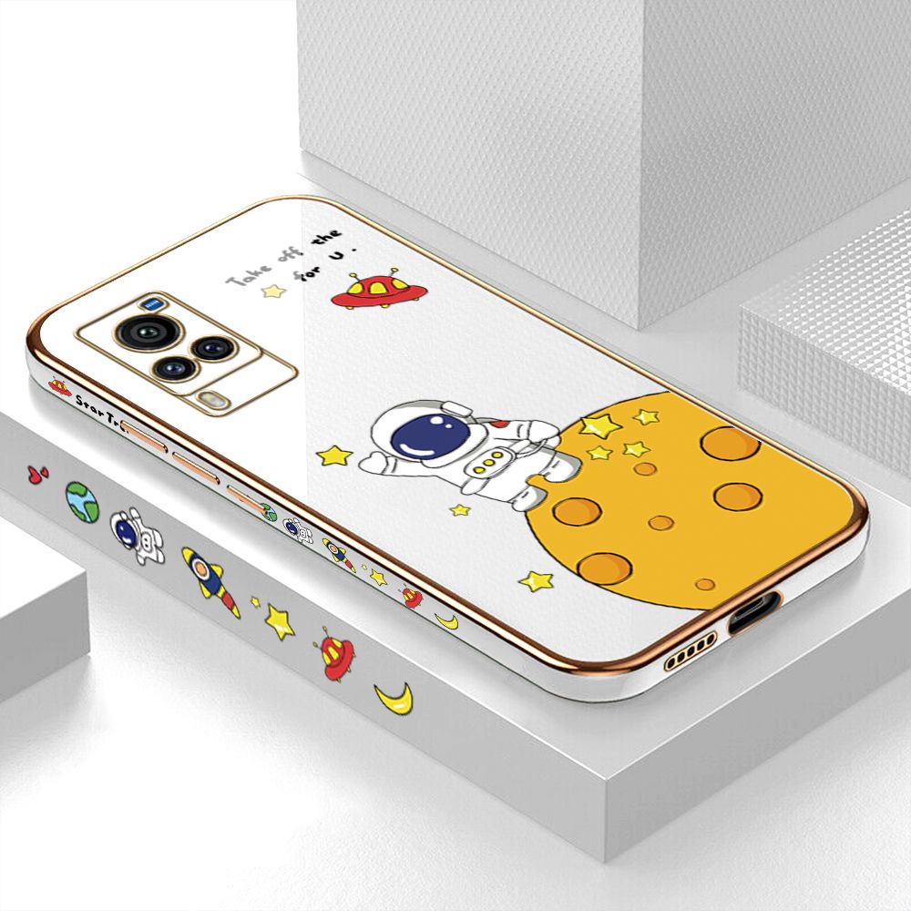 Luxury 6D Plating Case for Vivo X60 Pro Cute Cartoon Happy Astronaut Side Pattern Back Cover Soft Silicone Square Frame Shiny Bling Phone Cases + Free Lanyard