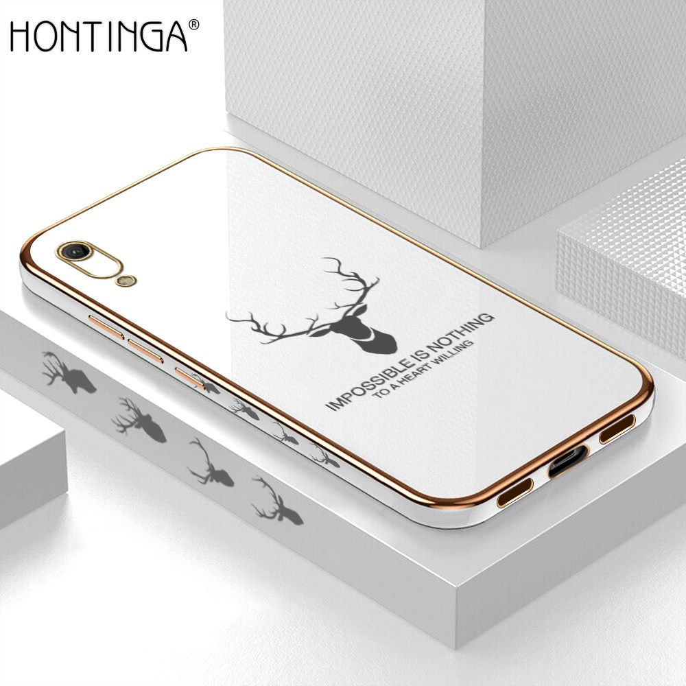 Hontinga for Huawei Y6 Pro 2019 Back Cover + Free Lanyard Luxury 6D Plating Cartoon Lucky Side Pattern Case Soft Silicone Square Phone Cases