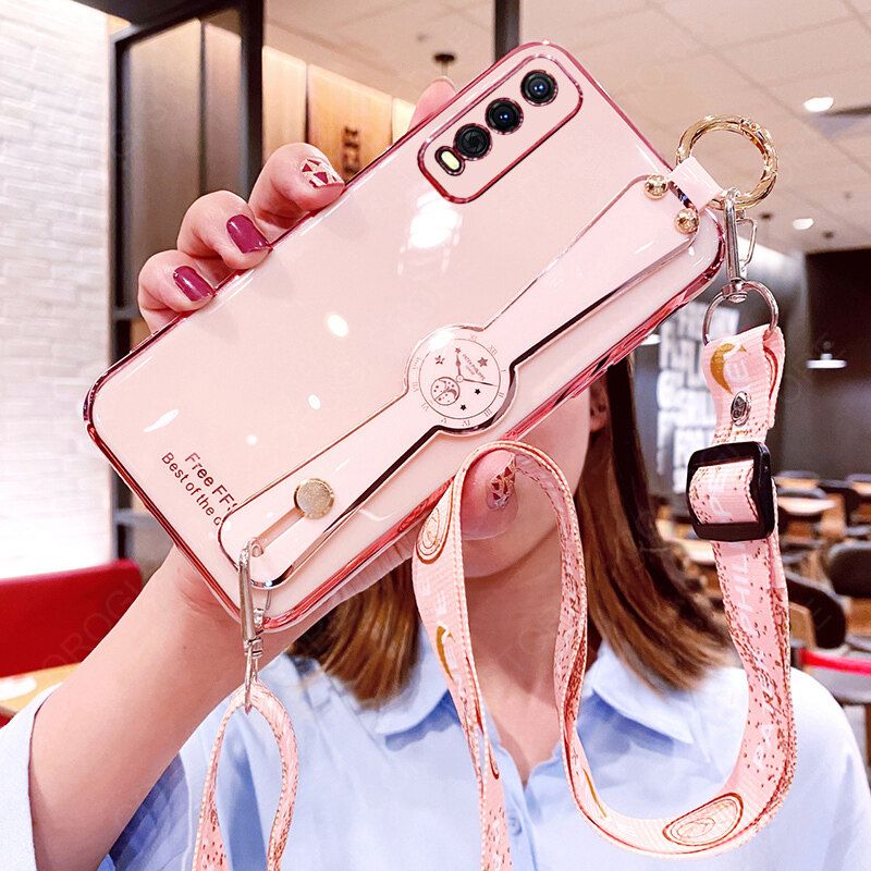 For Vivo Y20G  Cover with [Lanyard + Wrist Strap Stand Holder] Ultra Thin Plating Bumper Phone Case Camera Lens Protection Soft TPU Silicone Shockproof Protective Back Cover