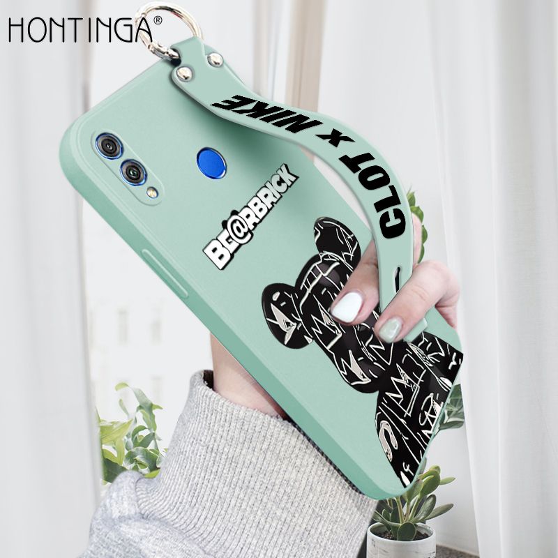 Hontinga for Honor 8X Wrist Strap Case Fashion Black Brand Bear Phone Case Square Edge Liquid Silicone Cases Full Cover Camera Shockproof Protection Cases