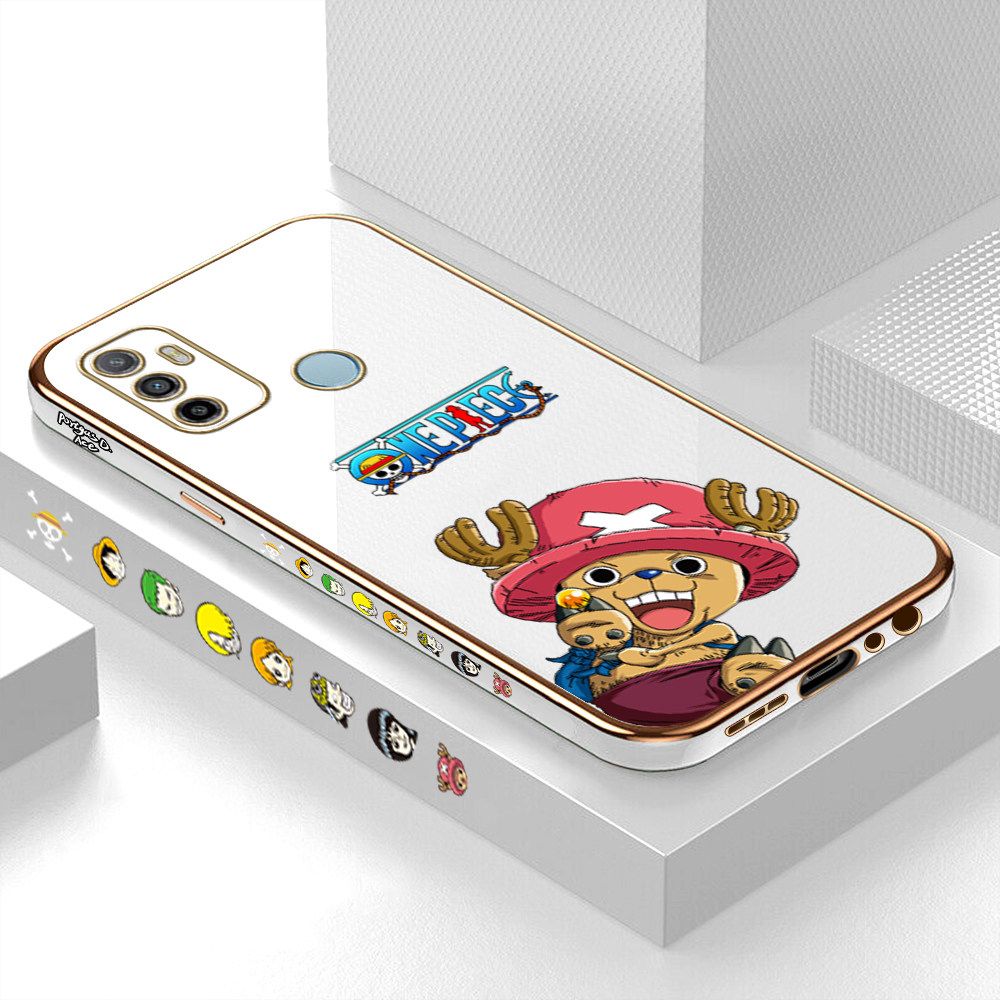 Luxury 6D Plating Case for OPPO A53 2020 Cartoon Anime Choba Side Pattern Back Cover Soft Silicone Square Frame Shiny Bling Phone Cases + Free Lanyard