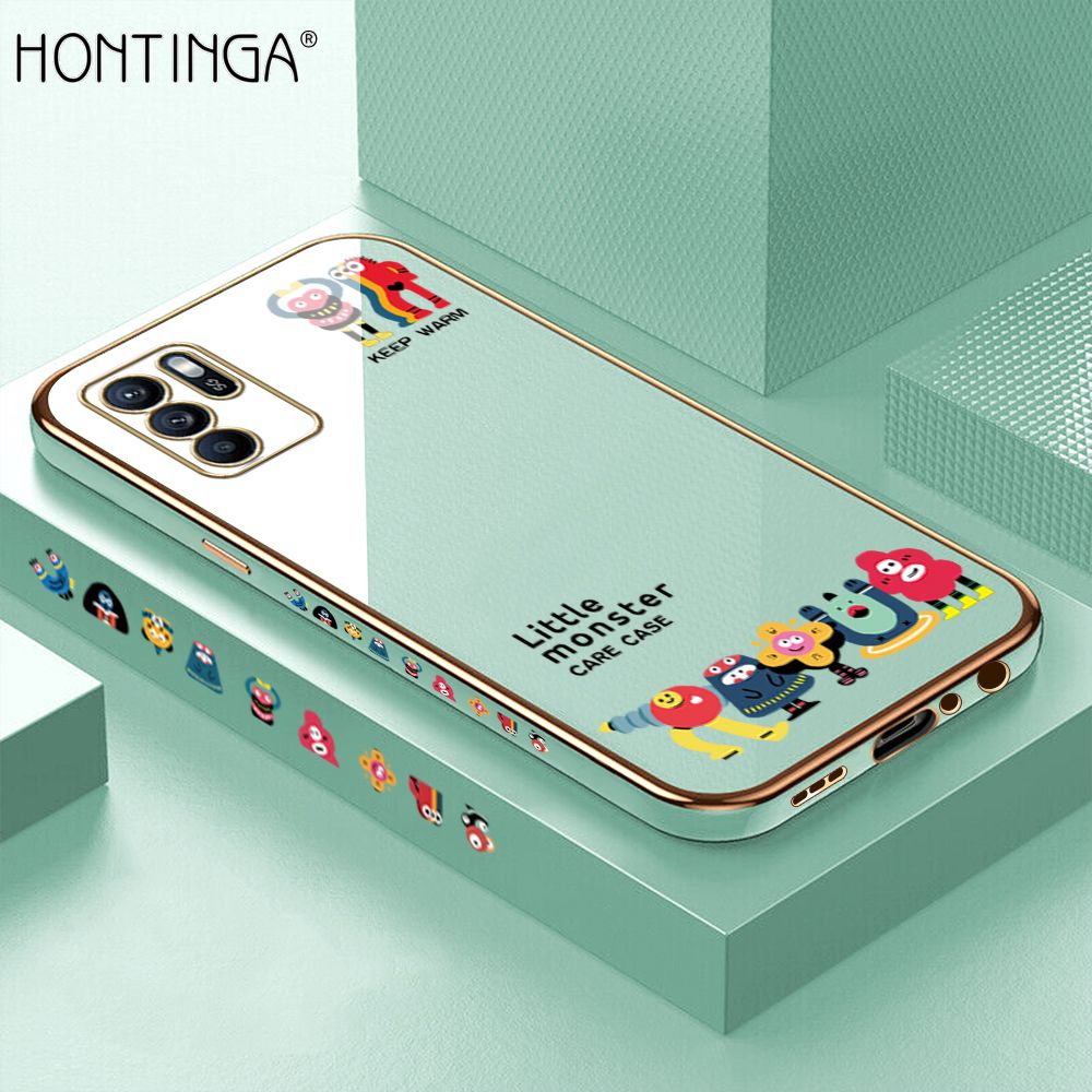 Hontinga for OPPO Reno6 Z 5G Back Cover + Free Lanyard Luxury 6D Plating Cute Mobs Collection Side Pattern Case Soft Silicone Square Mobile Cover