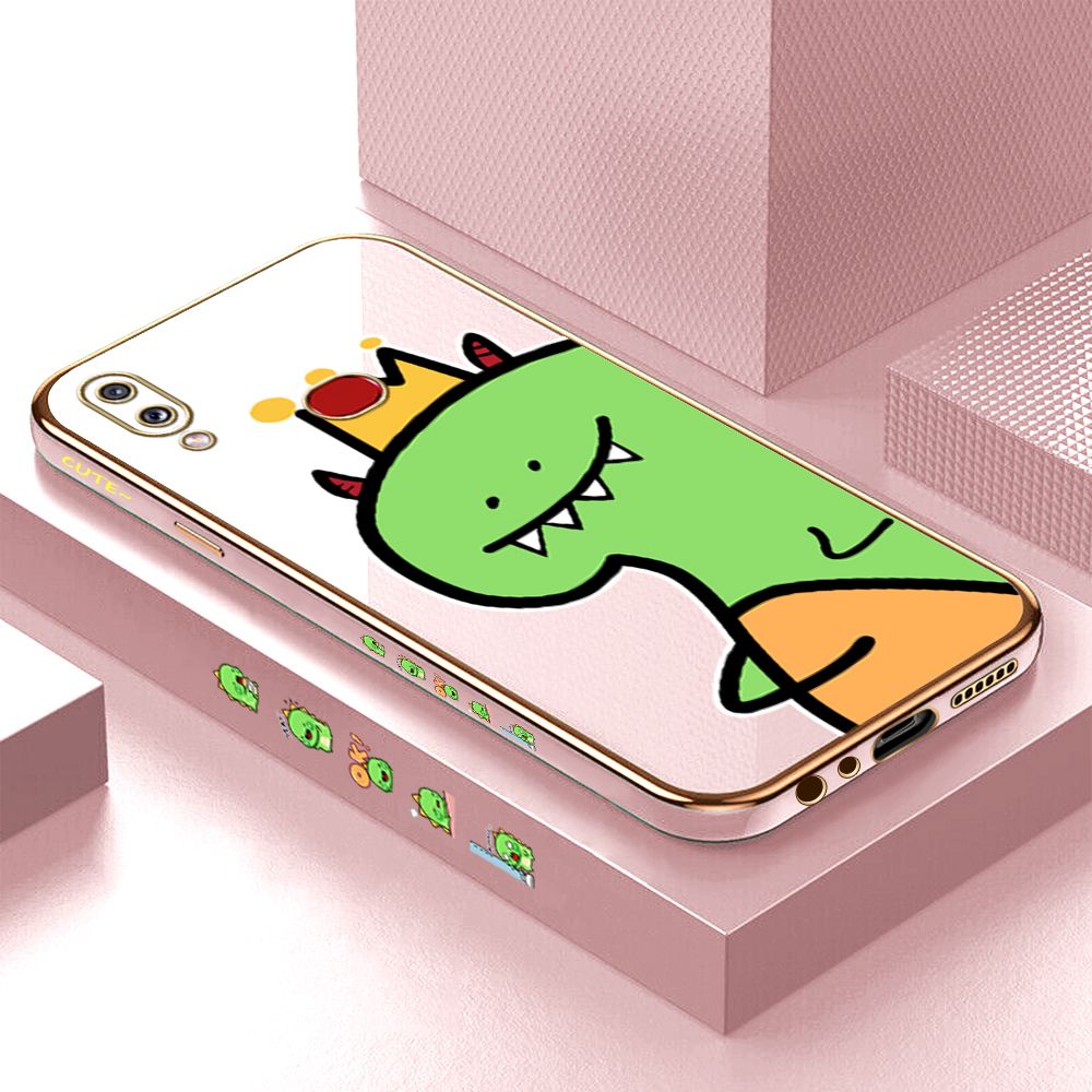 Luxury 6D Plating Case for Samsung A10S Cute Cartoon Crown Dinosaur Side Pattern Back Cover Soft Silicone Square Phone Cases + Free Lanyard