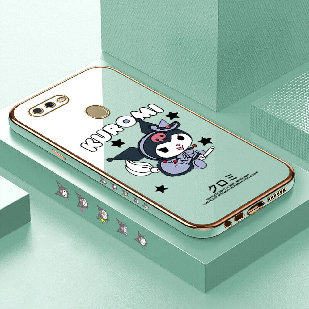 Luxury 6D Plating Soft Casing Silicone Square Frame Phone Case For OPPO A12 Case Shiny Bling Back Cover Cartoon Anime Character Cute Square Edge Pattern Design Soft Case + Free Lanyard