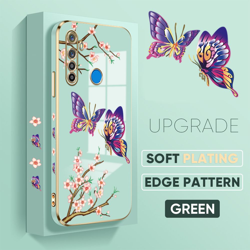 Jizetin (Free Lanyard) Realme 5 5I 5S 6I Back Cover Peach Blossom and Butterfly Luxury 6D Plating Case Side Pattern Soft Silicone Square Mobile Phone Cases