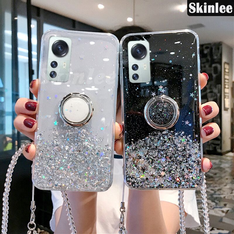 Phone Case for Xiaomi 12 Pro Glitter Starry Sky Bling Ring Lanyard Shiny Soft Cases for Xiaomi12 Pro Transparent Holder Stand Back Cover Stars Girls