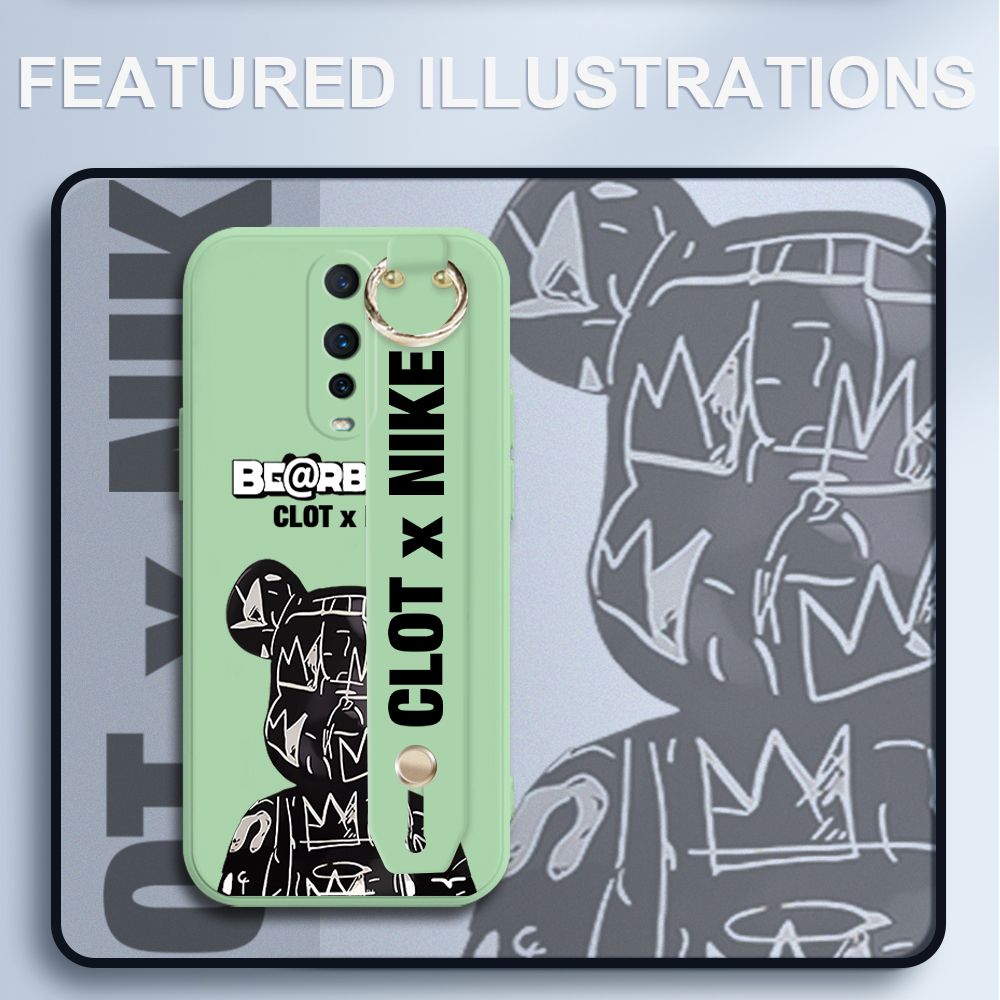 UCUC for OPPO R17 Pro Wrist Strap Case Creative Cartoon Black Stitching Bear Cover Ultra Thin Anti Fall Liquid Silicone Phone Case