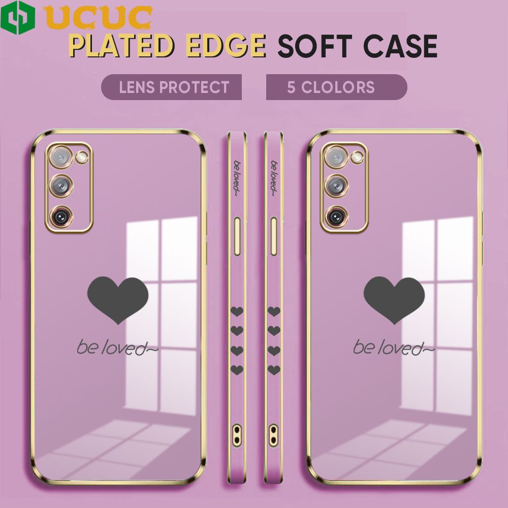 UCUC for Samsung Galaxy S20 FE 5G Back Cover + Free Lanyard Lover Heart Luxury 6D Plating Case Side Pattern Soft Silicone Square Phone Cases