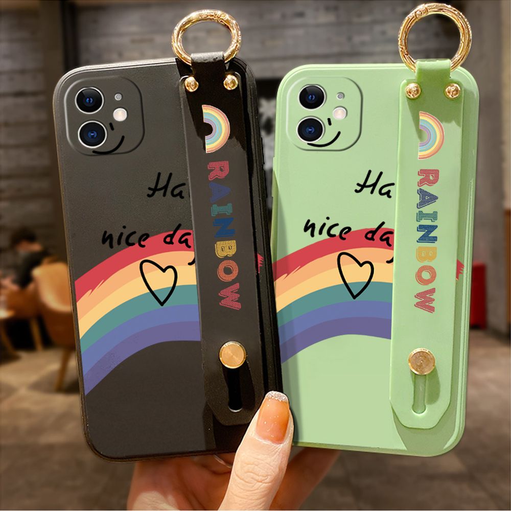 Jizetin for Realme 5 5i 5S / Realme 6i Wrist Strap Case INS Style Smile Rainbow Cover Ultra Thin Anti Fall Liquid Silicone Phone Case
