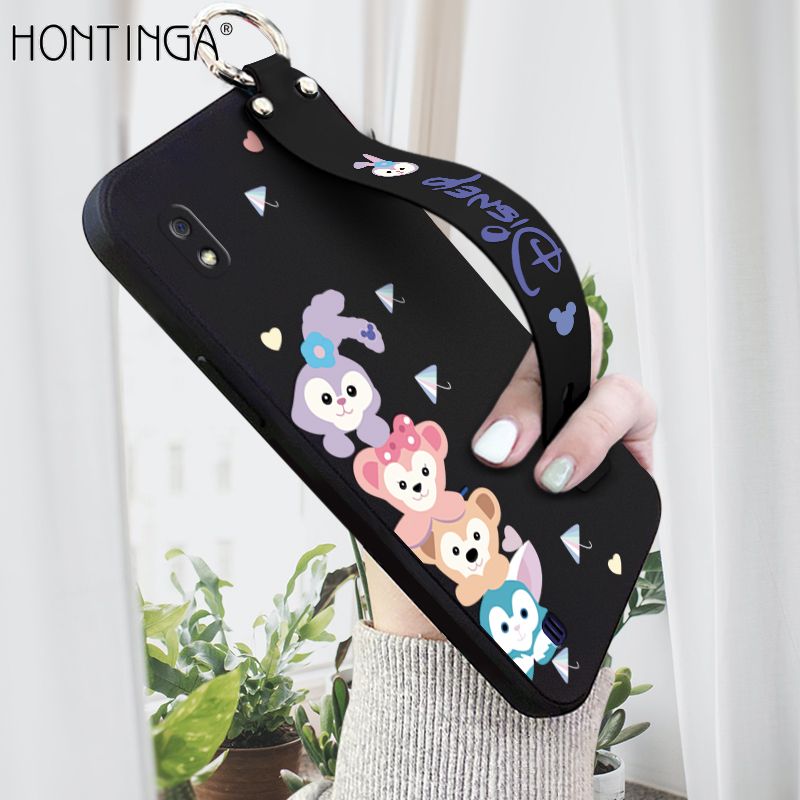 Hontinga for Samsung Galaxy A10 Wrist Strap Case INS Cute Style Creative Cartoon Rabbit and Fox Cover Thin Square Edge Liquid Silicone Phone Case