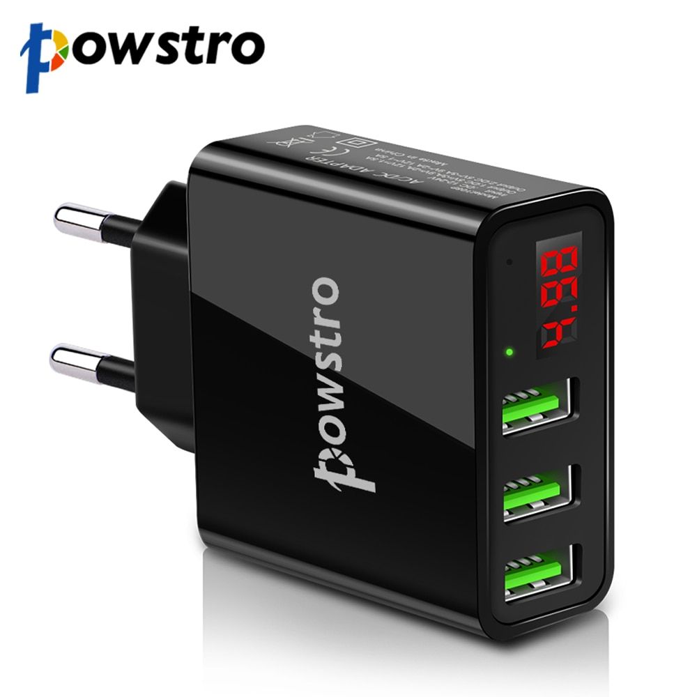 Powstro 5V 3A 3 USB Travel Charger EU Plug LCD Intelligent Digital Display Universal Wall Adapter Voltage Current for Cell Phone