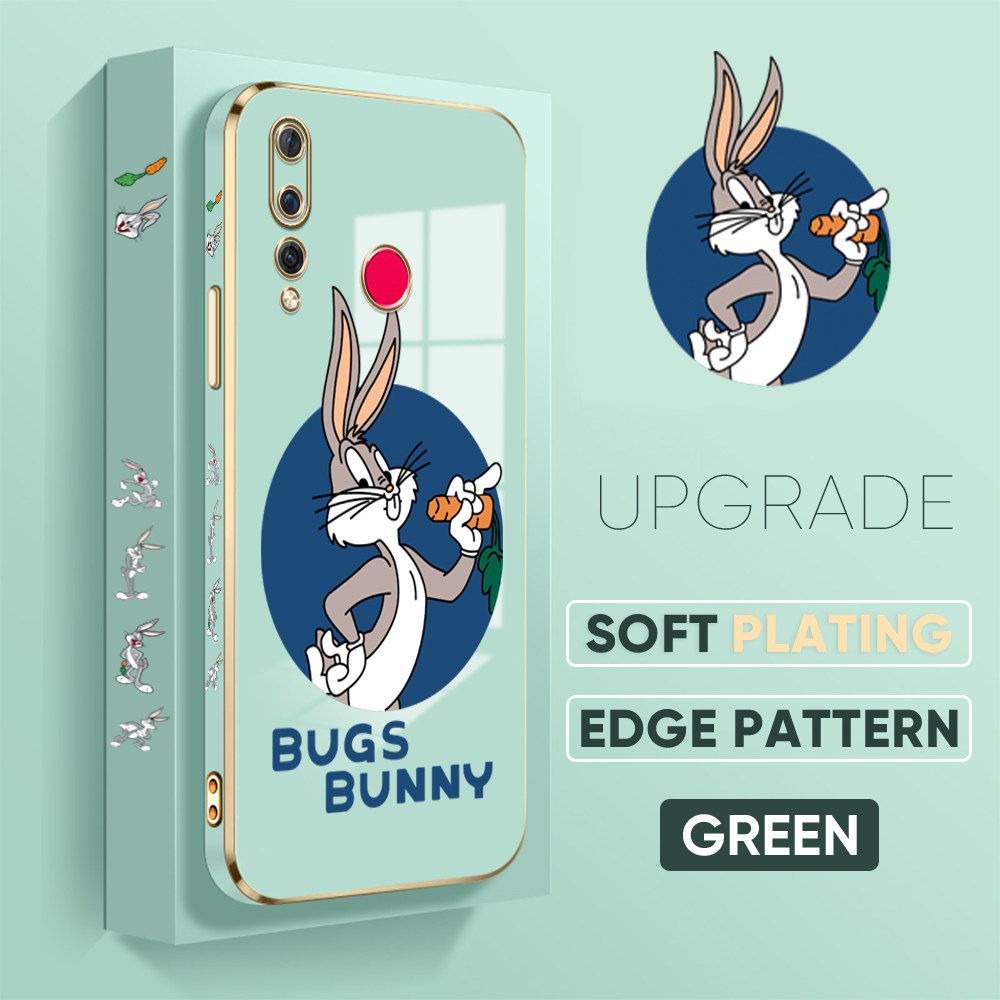 Jizetin (Free Lanyard) Huawei Nova 4 Back Cover Anime Rabbit Luxury 6D Plating Case Side Pattern Soft Silicone Square Mobile Phone Cases