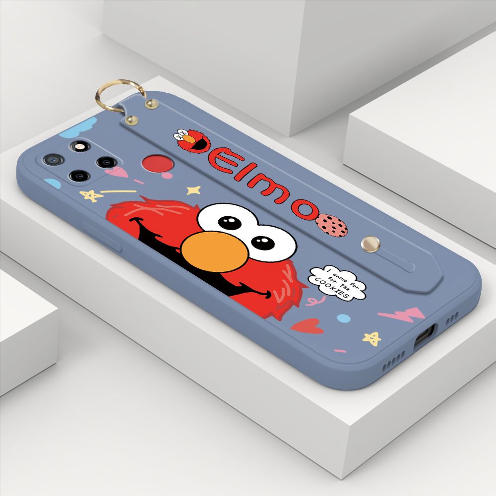 ZeroQiQi for Realme C25s Wrist Strap Case Cute Cute Cartoon Little Monster Phone Cover Square Edge Liquid Silicone Case Full Cover Camera Shockproof Protective Cases