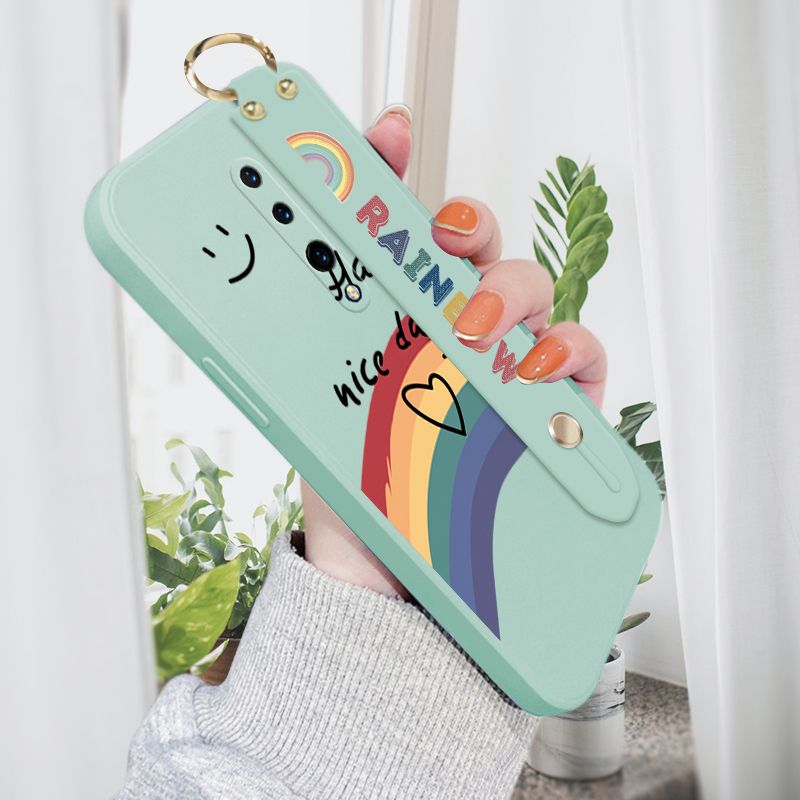 Jizetin for OnePlus 7 Pro Wrist Strap Case INS Style Smile Rainbow Cover Ultra Thin Anti Fall Liquid Silicone Phone Case