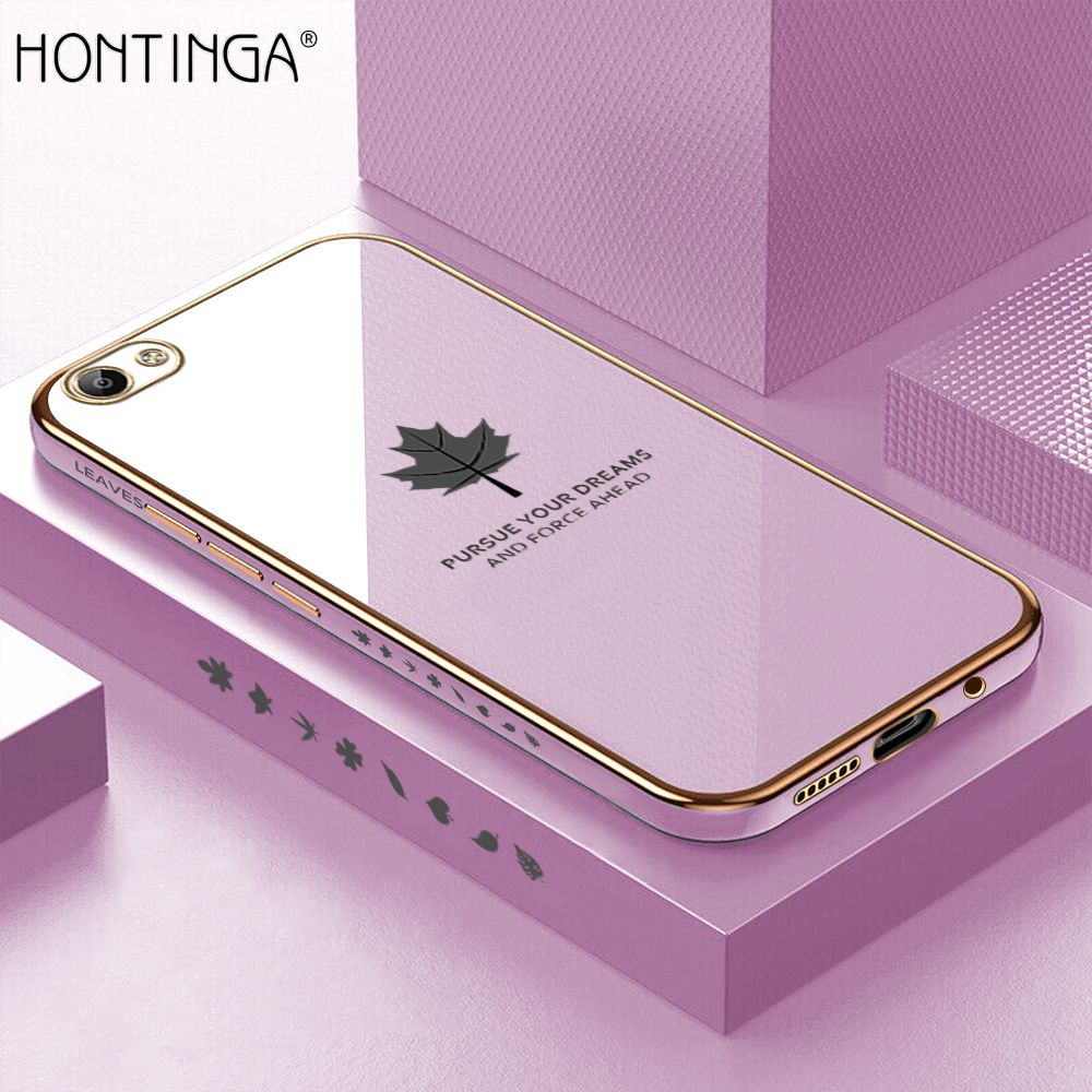 Hontinga for Vivo Y66 Y65 Case + Free Lanyard Luxury 6D Plating Soft Casing Silicone Square Frame Phone Case Shiny Bling Back Cover Maple Leaf Side Pattern Case