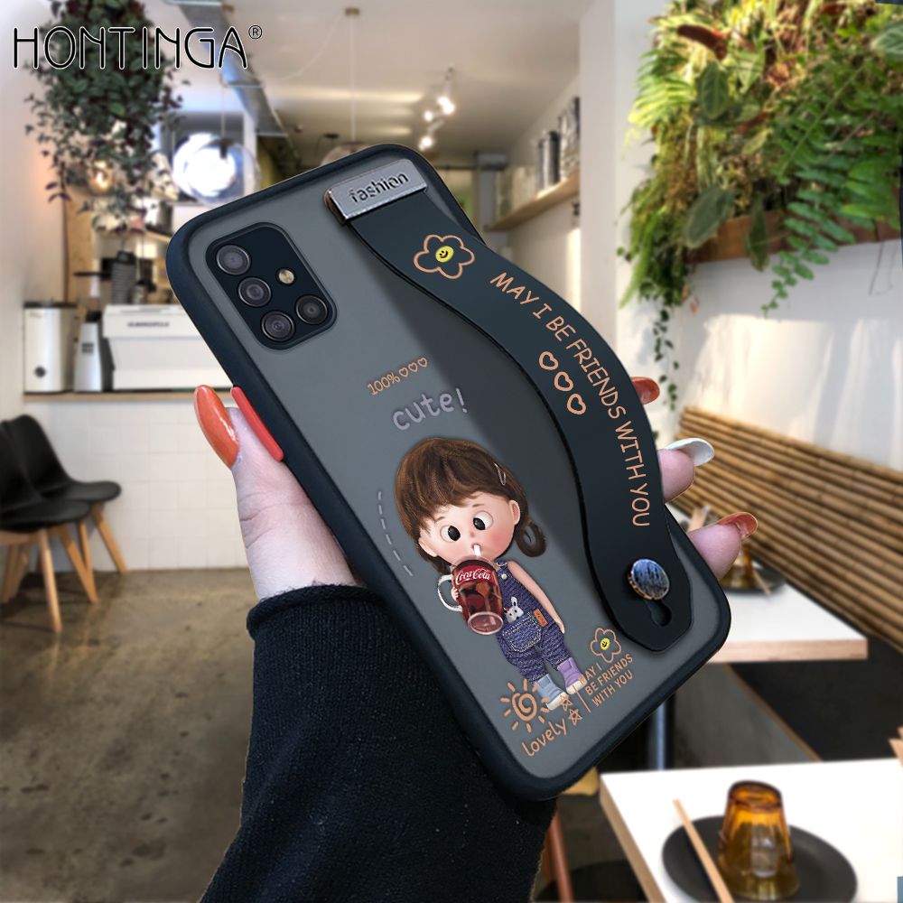 Hontinga for Samsung A71 4G Back Cover With Wristband Cola Girl Phone Casee Full Lens Protection Thin Frosted Cases