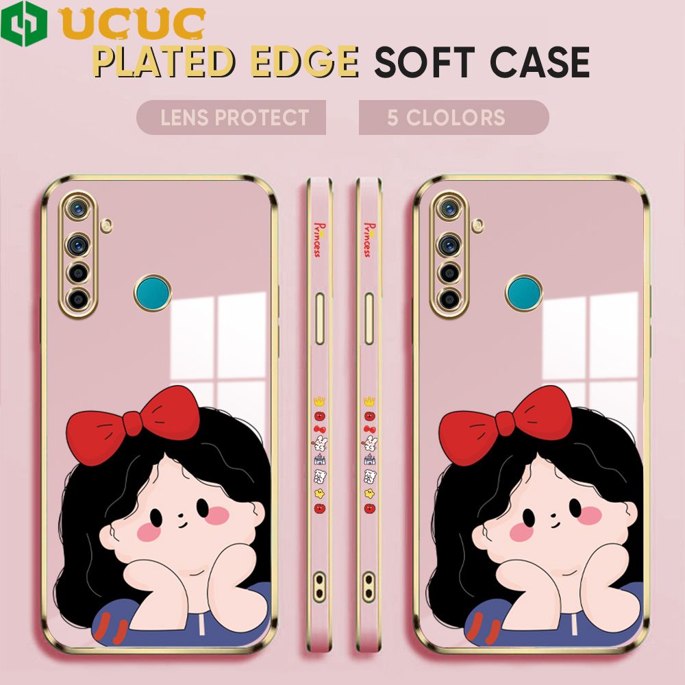 UCUC for Realme 5 5i 5S 6i Back Cover + Free Lanyard Cute Gir Luxury 6D Plating Case Side Pattern Soft Silicone Square Phone Cases