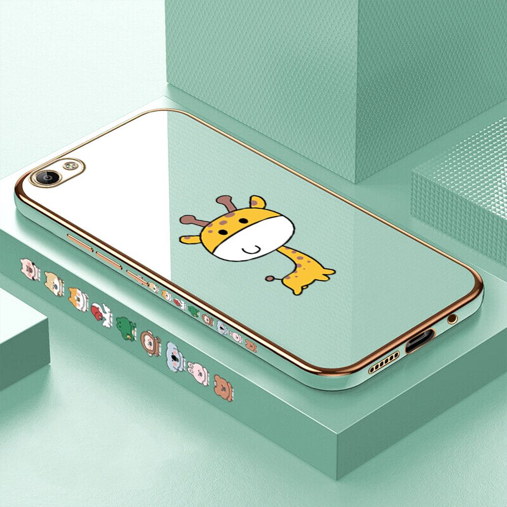Luxury 6D Plating Case for Vivo Y65 Color Cute Giraffe Side Pattern Back Cover Soft Silicone Square Frame Shiny Bling Phone Cases + Free Lanyard
