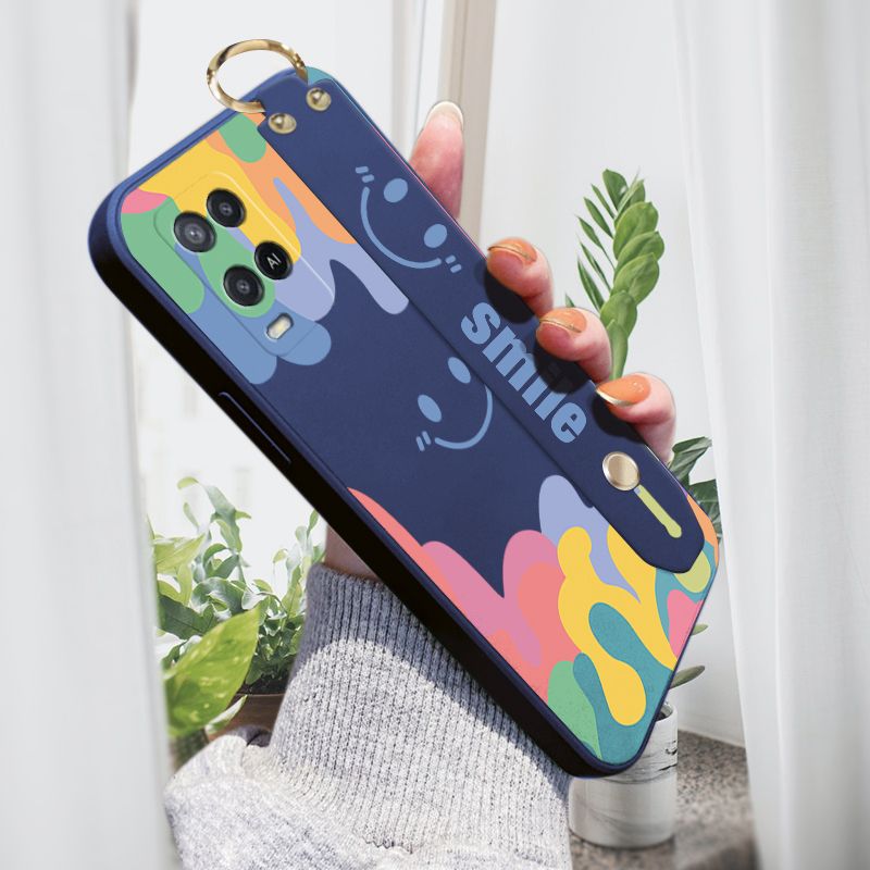 Jizetin for OPPO A54 / A54 2021 Wrist Strap Case Soft Candy Color Splash Ink Cover Ultra Thin Anti Fall Liquid Silicone Phone Case