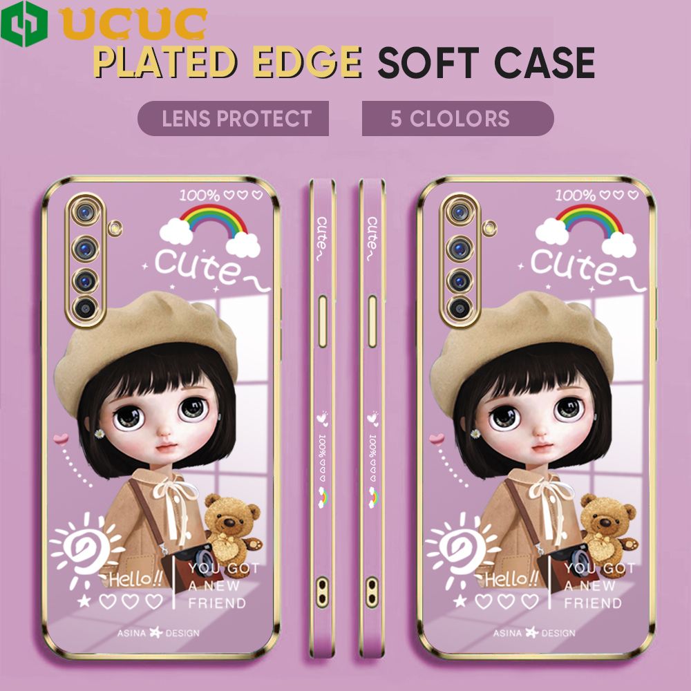 UCUC for Realme 6 Pro Back Cover + Free Lanyard Sunshine Girl Luxury 6D Plating Case Side Pattern Soft Silicone Square Phone Cases