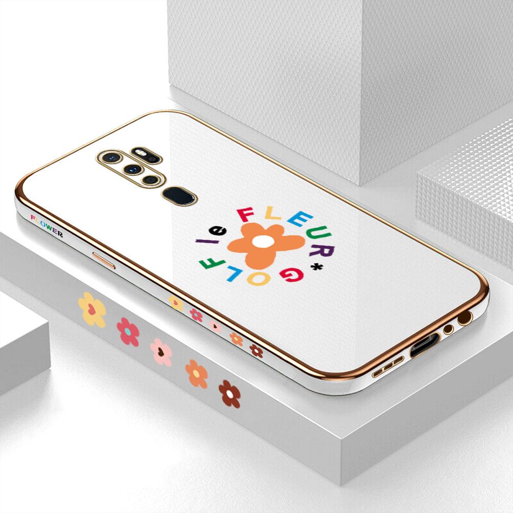 Luxury 6D Plating Case for OPPO A9 2020 Cartoon Flower Side Pattern Back Cover Soft Silicone Square Frame Shiny Bling Phone Cases + Free Lanyard