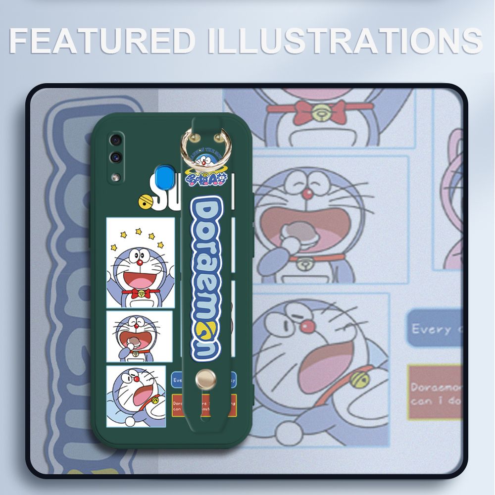 UCUC for Samsung Galaxy A30 Wrist Strap Case Creative Cartoon Doraemon's Daily Life Cover Ultra Thin Anti Fall Liquid Silicone Phone Case