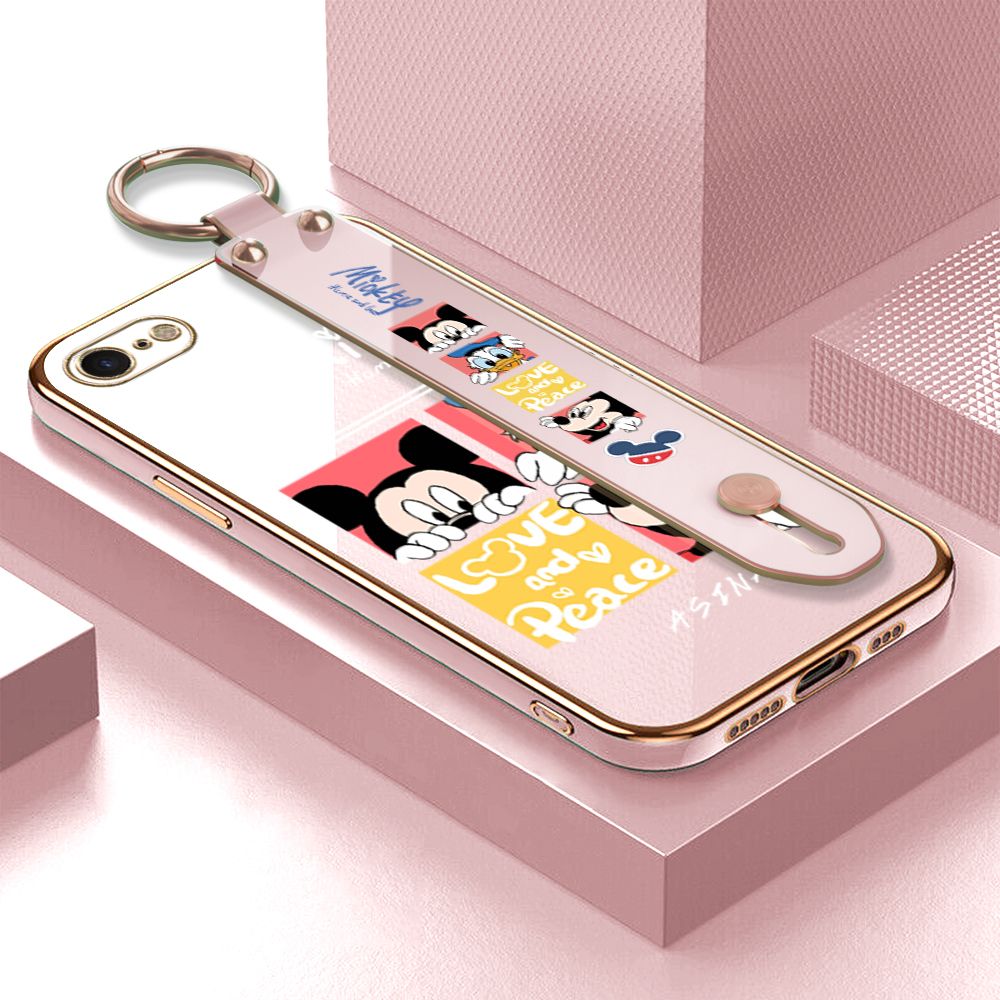 Jizetin for iPhone 7 / 8 / SE 2020 / SE 2022 Back Cover Lovely Mouse Luxury 6D Plating Wrist Strap Phone Cases Soft Silicone Square Mobile Phone Case