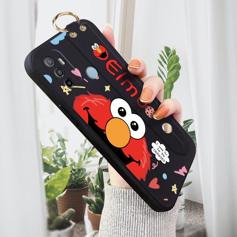 Jizetin for OPPO A53 2020 Wrist Strap Case Creative Cartoon Red Haired Monster Cover Ultra Thin Anti Fall Liquid Silicone Phone Case