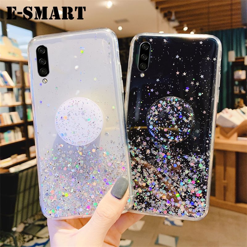 Phone case vivo S1 Back cover Shiny Ring Glitter Soft Transparent Holder Stand Back cover with String Glitter Space Stars Moon vivo S1 case