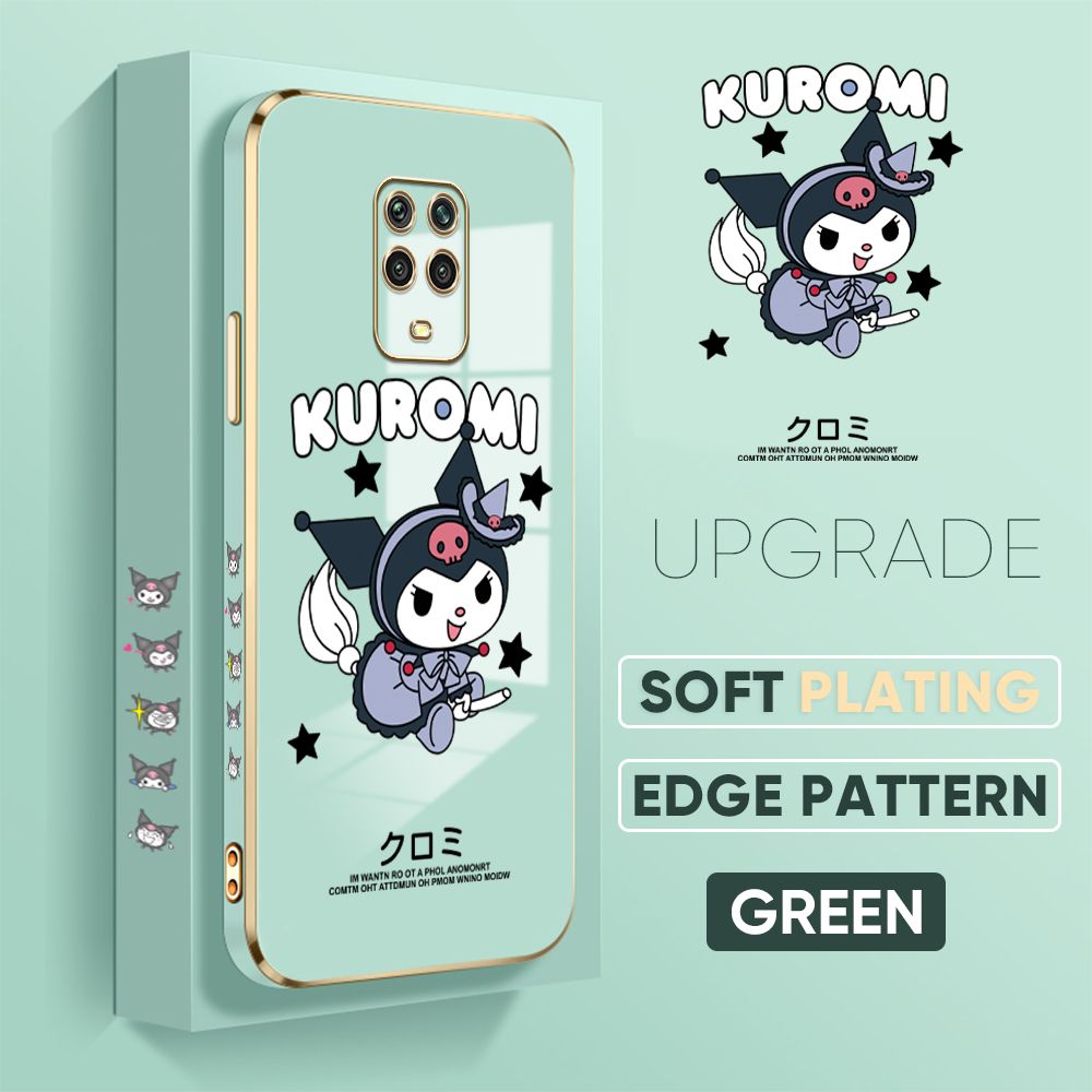 TA for Redmi Note 9S / Note 9 Pro / Note 9 Pro Max / Xiaomi Poco M2 Pro Back Cover + Free Lanyard Cute Kuromi Luxury 6D Plating Case Side Pattern Soft Silicone Square Phone Cases