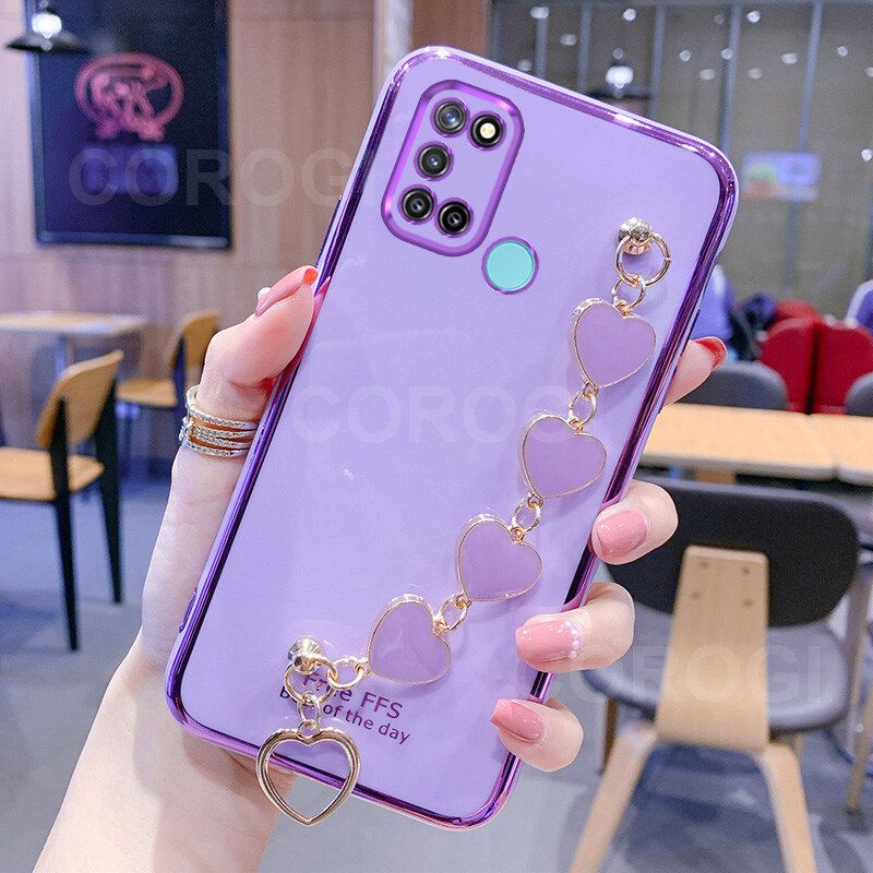 For Realme C17 Back Cover with Love Heart Chain Wrist Strap Fashion Bracelet Shiny Plating Bumper Protective Case Silicone Shockproof Mobile Phone Cases