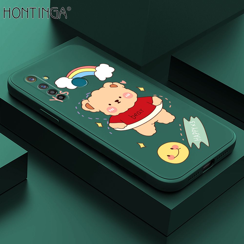 Hontinga for Realme 5 Pro Case Lovely Cartoon Bear Phone Case Phone Case Soft Square Edge Silicone Cases Full Lens Cover Shockproof Protection Cover