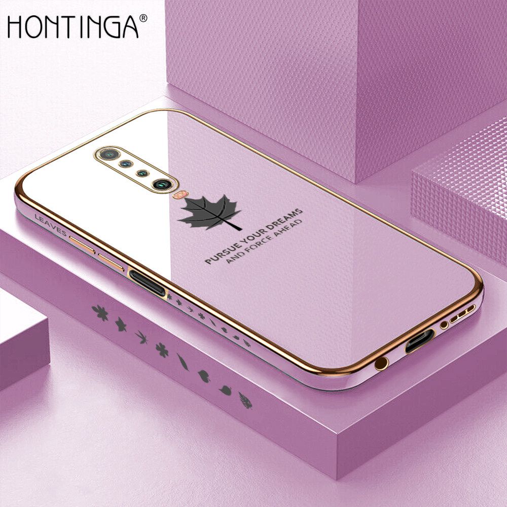 Hontinga for Redmi K30 Luxury 6D Plating Soft Casing Silicone Square Frame Phone Case Shiny Bling Back Cover Maple Leaf Side Pattern Case