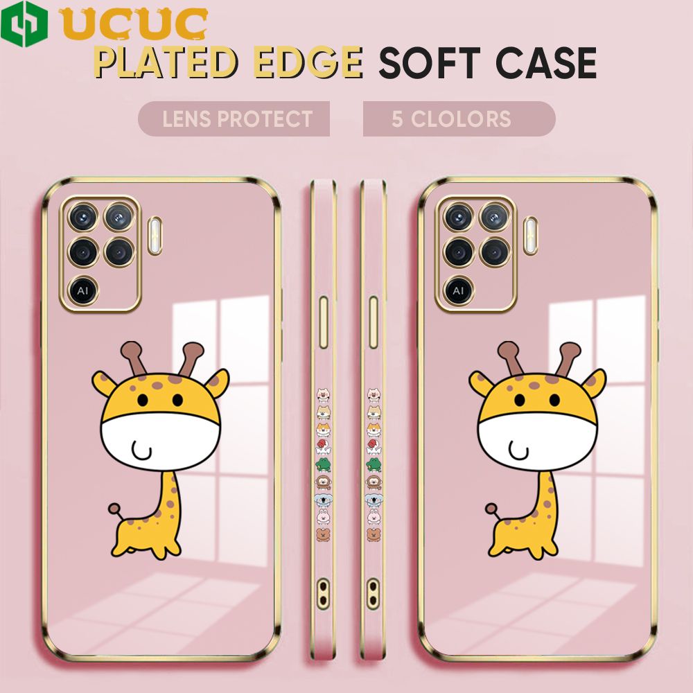 UCUC for OPPO F19 Pro / A94 4G / Reno 5 Lite / Reno5 F Back Cover + Free Lanyard Big Head Giraffe Luxury 6D Plating Case Side Pattern Soft Silicone Square Phone Cases