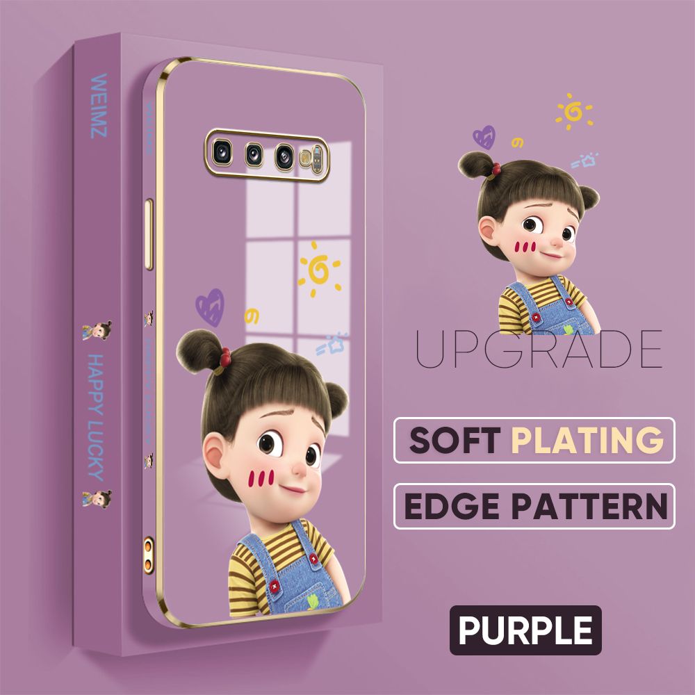 Jizetin (Free Lanyard) Samsung Galaxy S10 Back Cover Double Ponytail Girl Luxury 6D Plating Case Side Pattern Soft Silicone Square Mobile Phone Cases