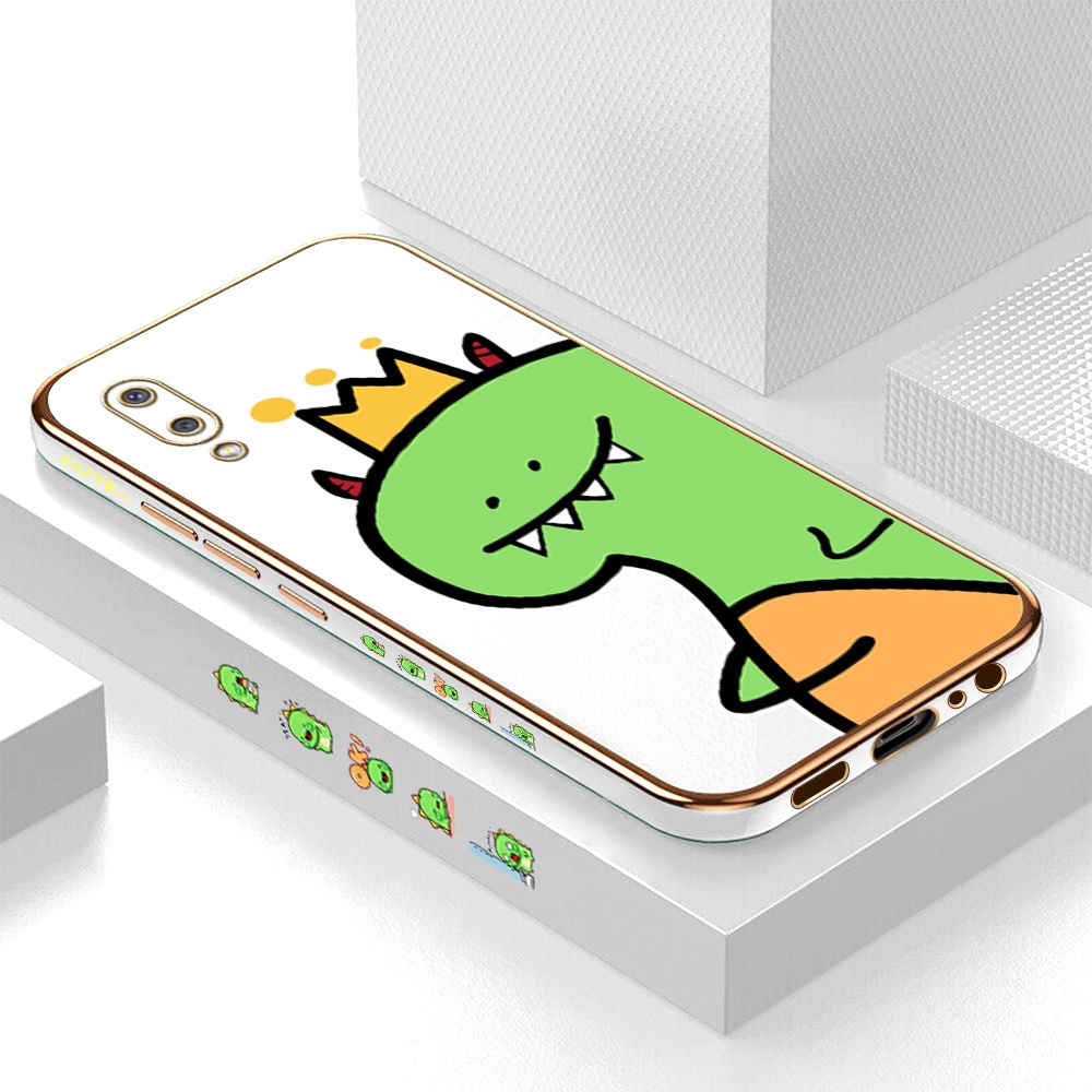 Luxury 6D Plating Case for Samsung M02 A02 Cute Cartoon Crown Dinosaur Side Pattern Back Cover Soft Silicone Square Phone Cases + Free Lanyard
