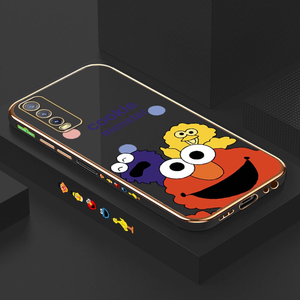 Luxury 6D Plating Case for Vivo Y20 2021 Color Cute Cartoon Sesame Monsters Side Pattern Back Cover Soft Silicone Square Frame Shiny Bling Phone Cases + Free Lanyard
