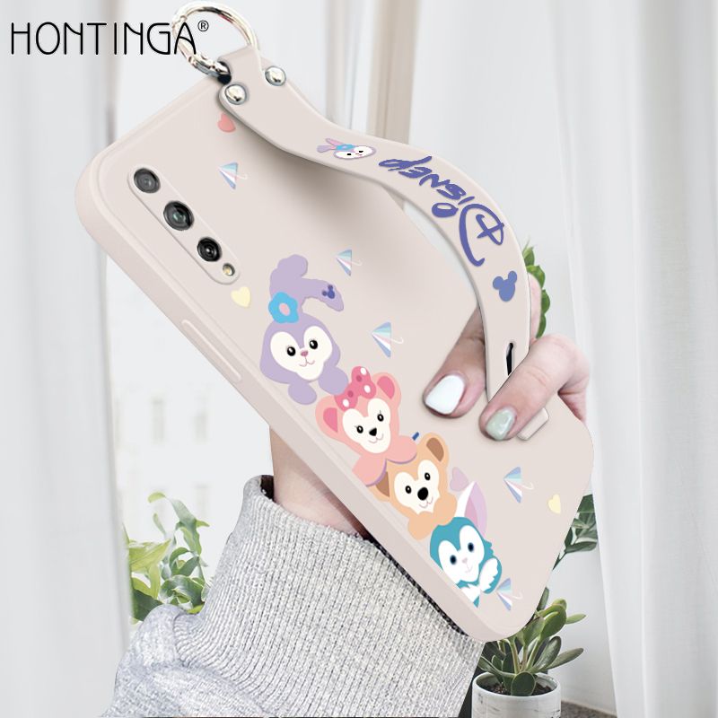 Hontinga for Huawei Y8P Wrist Strap Case INS Cute Style Creative Cartoon Rabbit and Fox Cover Thin Square Edge Liquid Silicone Phone Case