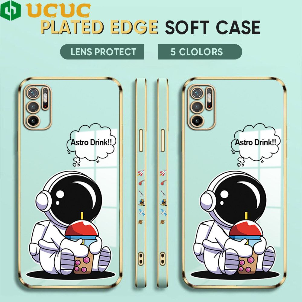UCUC for Xiaomi Poco M3 Pro / Redmi Note 10 5G Back Cover + Free Lanyard Cute Astronaut Luxury 6D Plating Case Side Pattern Soft Silicone Square Phone Cases