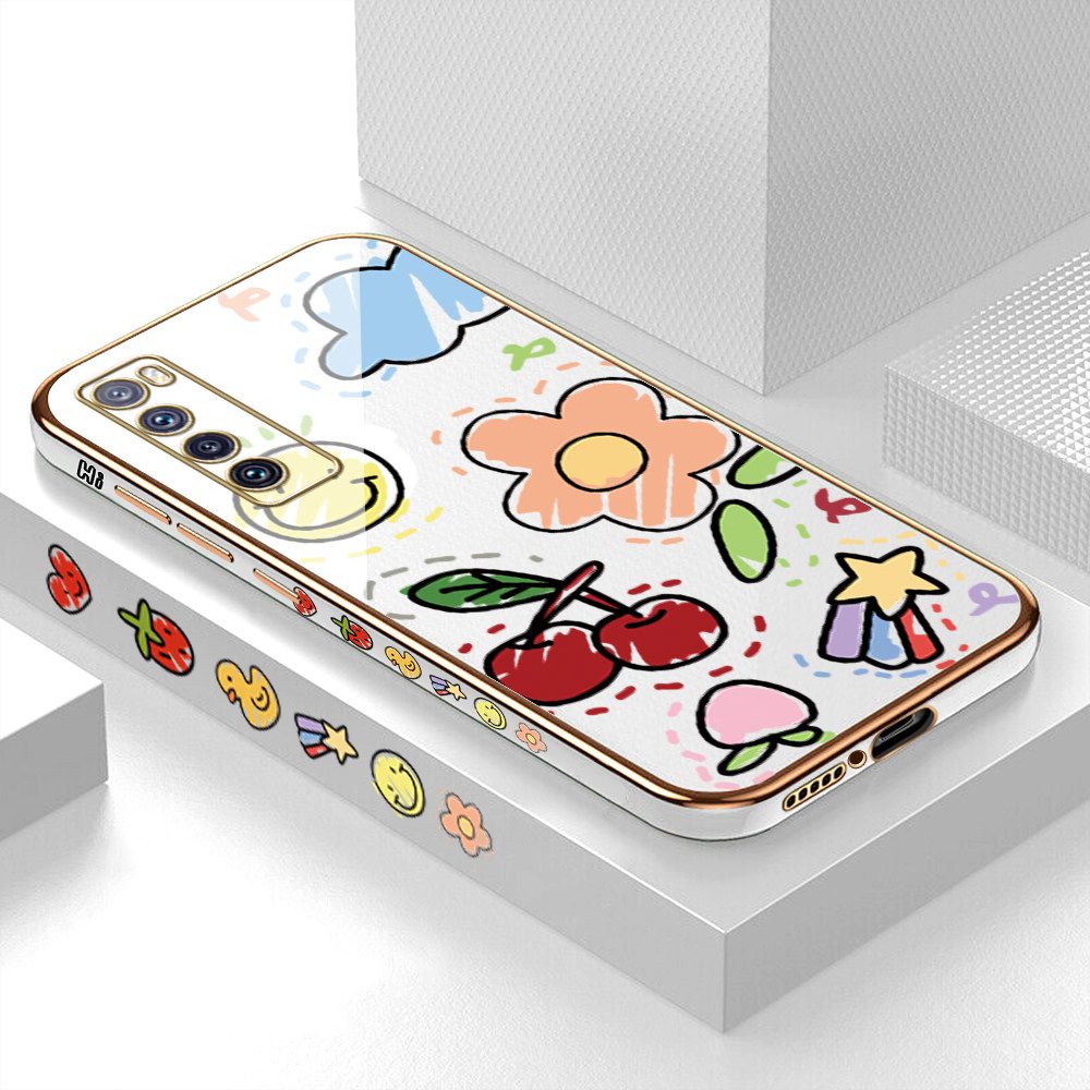 Luxury 6D Plating Case for Huawei Nova 7 Color Cartoon cherry Peach Side Pattern Back Cover Soft Silicone Square Frame Shiny Bling Phone Cases + Free Lanyard