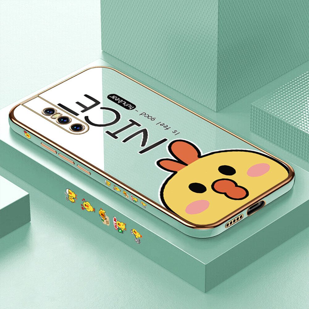 Luxury 6D Plating Case for Vivo V15 Pro Cute Cartoon Chicken Side Pattern Back Cover Soft Silicone Square Frame Shiny Bling Phone Cases + Free Lanyard