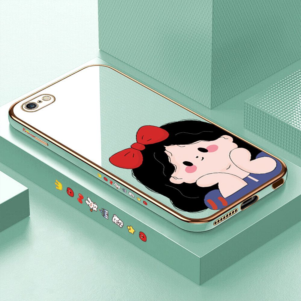 Luxury 6D Plating Soft Casing Silicone Square Frame Phone Case For iPhone 6 Plus Case Shiny Bling Back Cover Cartoon Cute Bow Girl Square Edge Pattern Design Soft Case + Free Lanyard