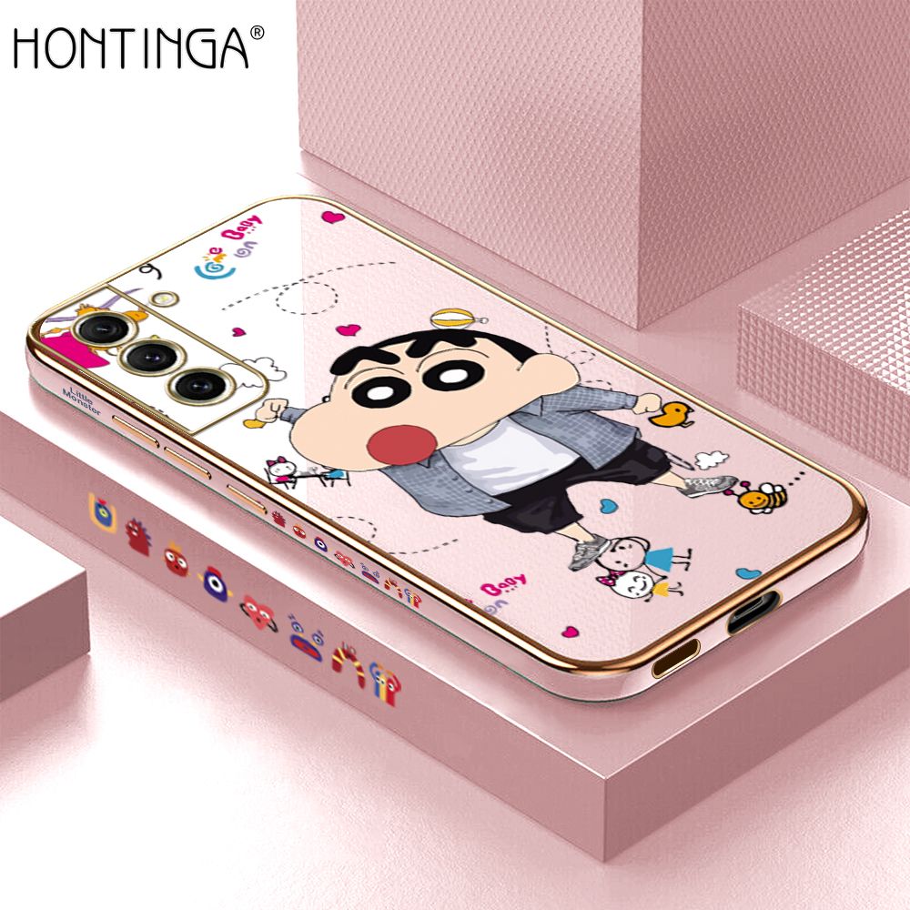 Hontinga for Samsung Galaxy S21 FE 5G Back Cover + Free Lanyard Luxury 6D Plating Cartoon Crayon Shin-chan Side Pattern Case Soft Silicone Square Phone Cases