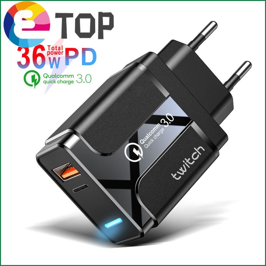 Twitch Quick Charge 3.0 PD Type C USB Charger For Samsung For Iphone Huawei Tablet QC 3.0 Fast Charger Mobile Phone Wall Adapter LED