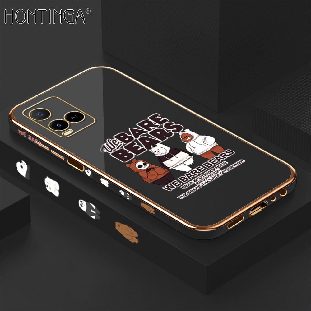Hontinga for Vivo Y33S Y21 2021 Y21S Case Luxury 6D Plating Cute Three Bears Side Pattern Soft Back Cover Silicone Square Phone Cases